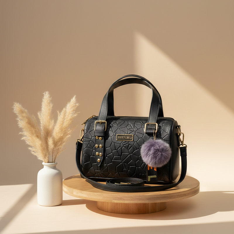 Textured bag with Pom-Pom Charm