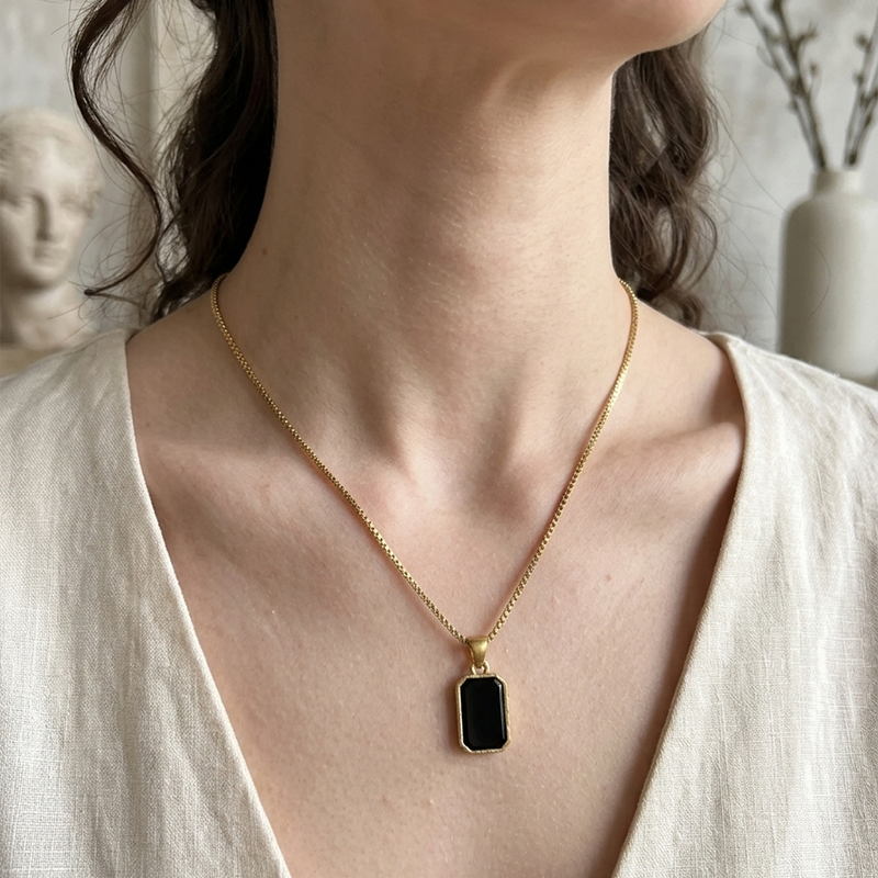 Classic Black Stone Pendant Necklace for Women