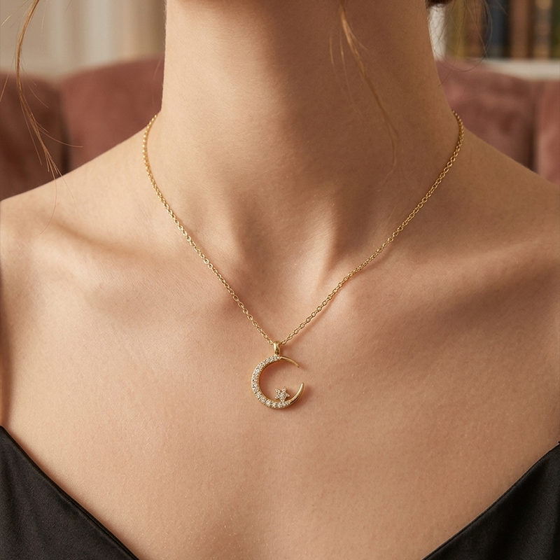 Celestial Crescent Moon and Star Pendant Necklace
